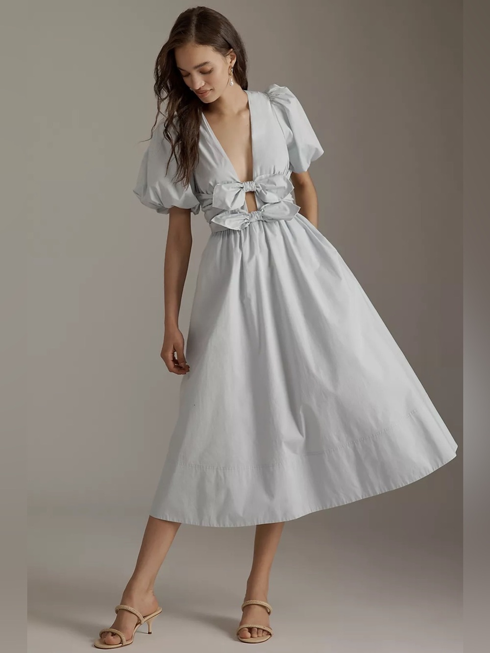 Lovaan (from Anthropologie) Devon Bow Midi Dress in Light Blue, Size 12